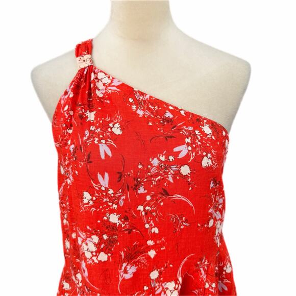 Free People All Mine Red Linen Blend One Shoulder Floral Flowy Boho Mini Dress - Picture 8 of 12